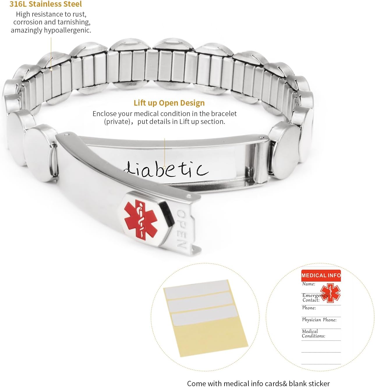 Medical Alert Id Bracelets for Women, 6.88in Stainless Steel Elastic Bracelet for Diabetes Type 1 2, Allergy(Silver) - Image 3