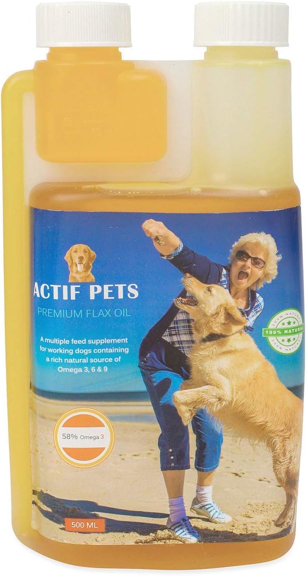Actif Pets Flaxseed Oil for Dogs-Rich in Omega 3, 6 & 9 for Dry, Itchy Skin/Coat. A Natural Dog Supplement for Stiff Bones/Joints/Hips.