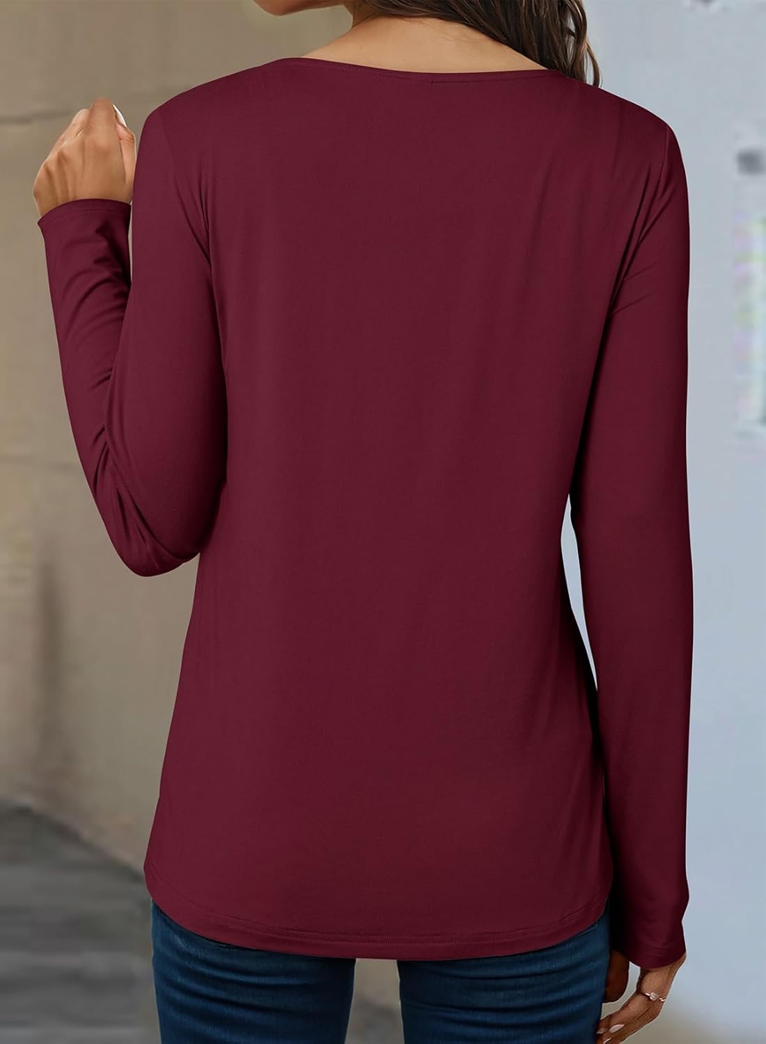 Dokotoo T Shirts for Women Casual Long Sleeve V Neck Lace Trim Tops Lightweight Solid Color Basic Tees Blouses - Image 3