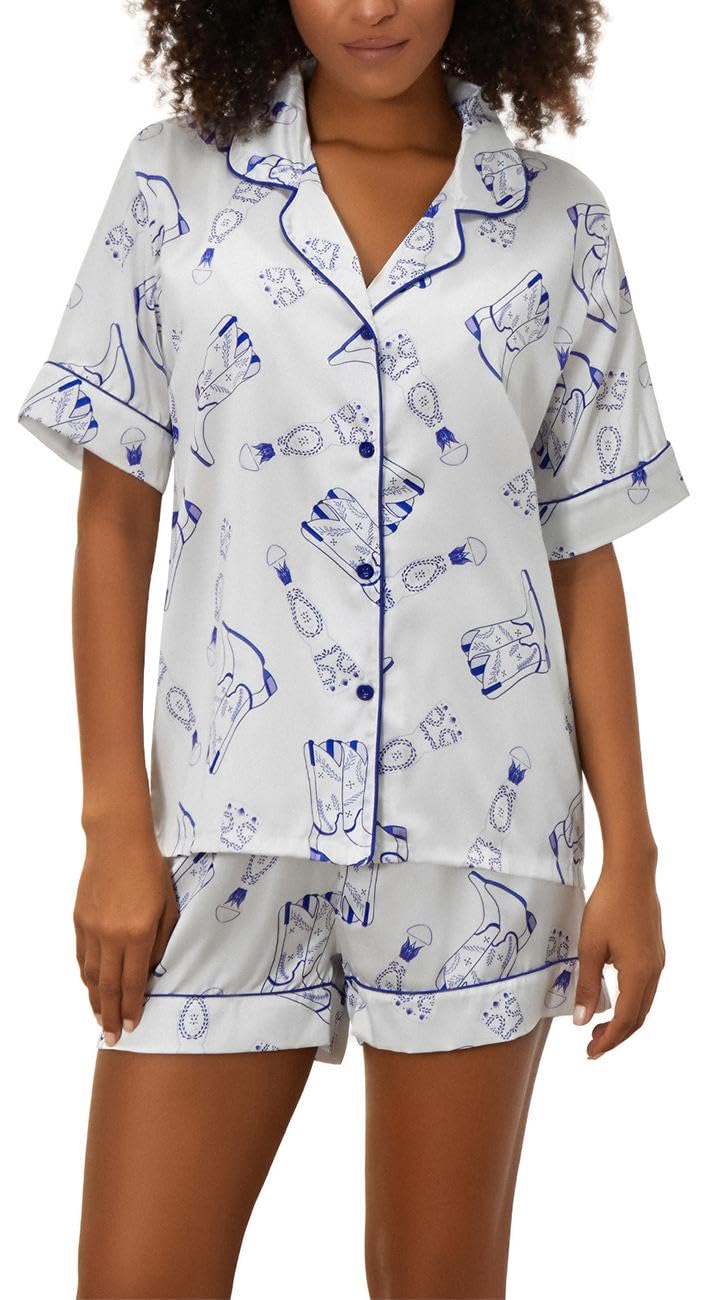 LILTWIST Women Cowboy Boots Pajamas Cute Silk Satin Heart Bow Western Pjs Y2k Short Sleeve Cowgirl Shirts and Pj Shorts Sets