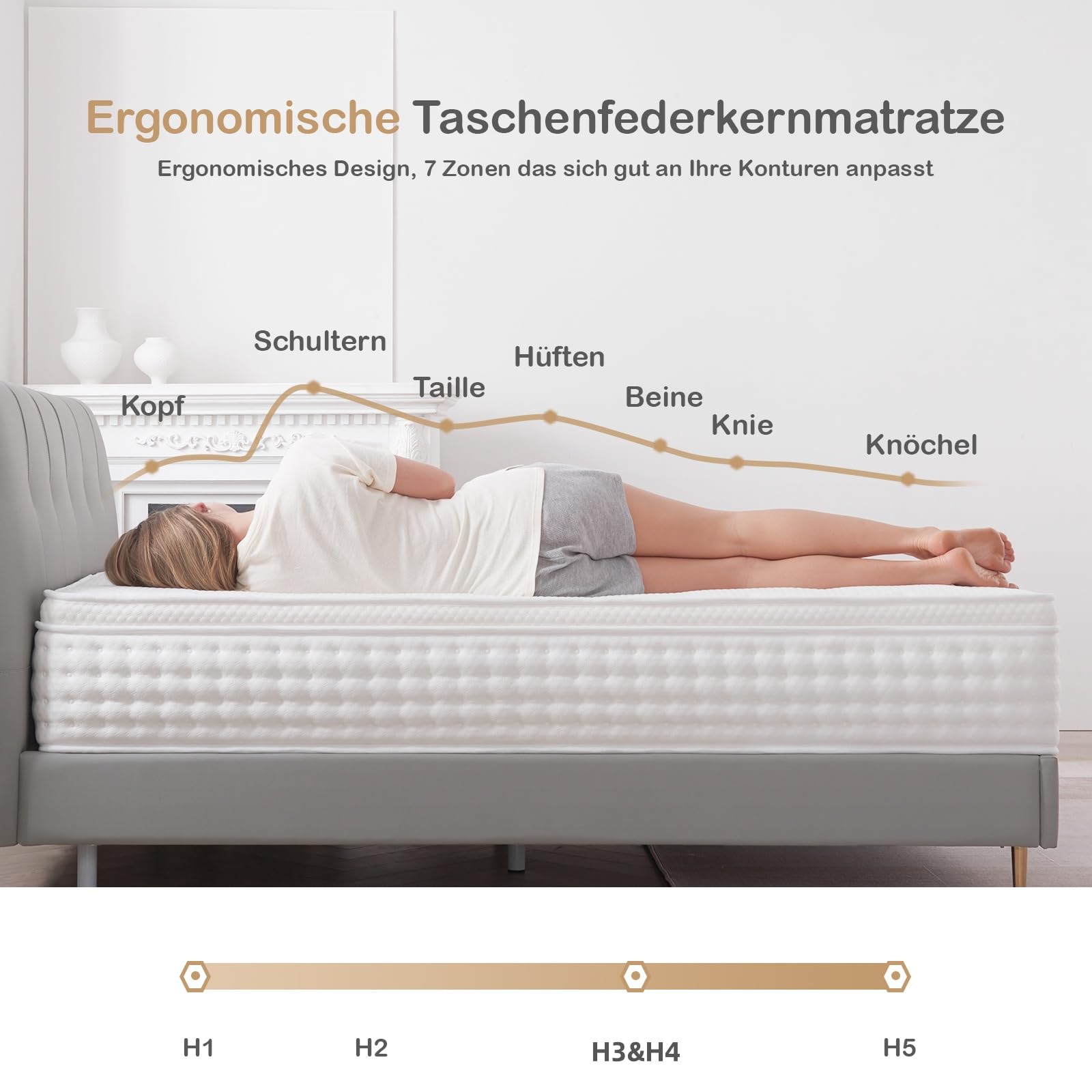 Hiepunos Matratze 120x200 cm 26cm Höhe 7-Zonen Federkernmatratze Orthopädische Taschenfederkernmatratze mit Comfort Memory-Schaum Schicht, Härtegrad H3, Rückenentlastende,100 Nächte Probeschlafen