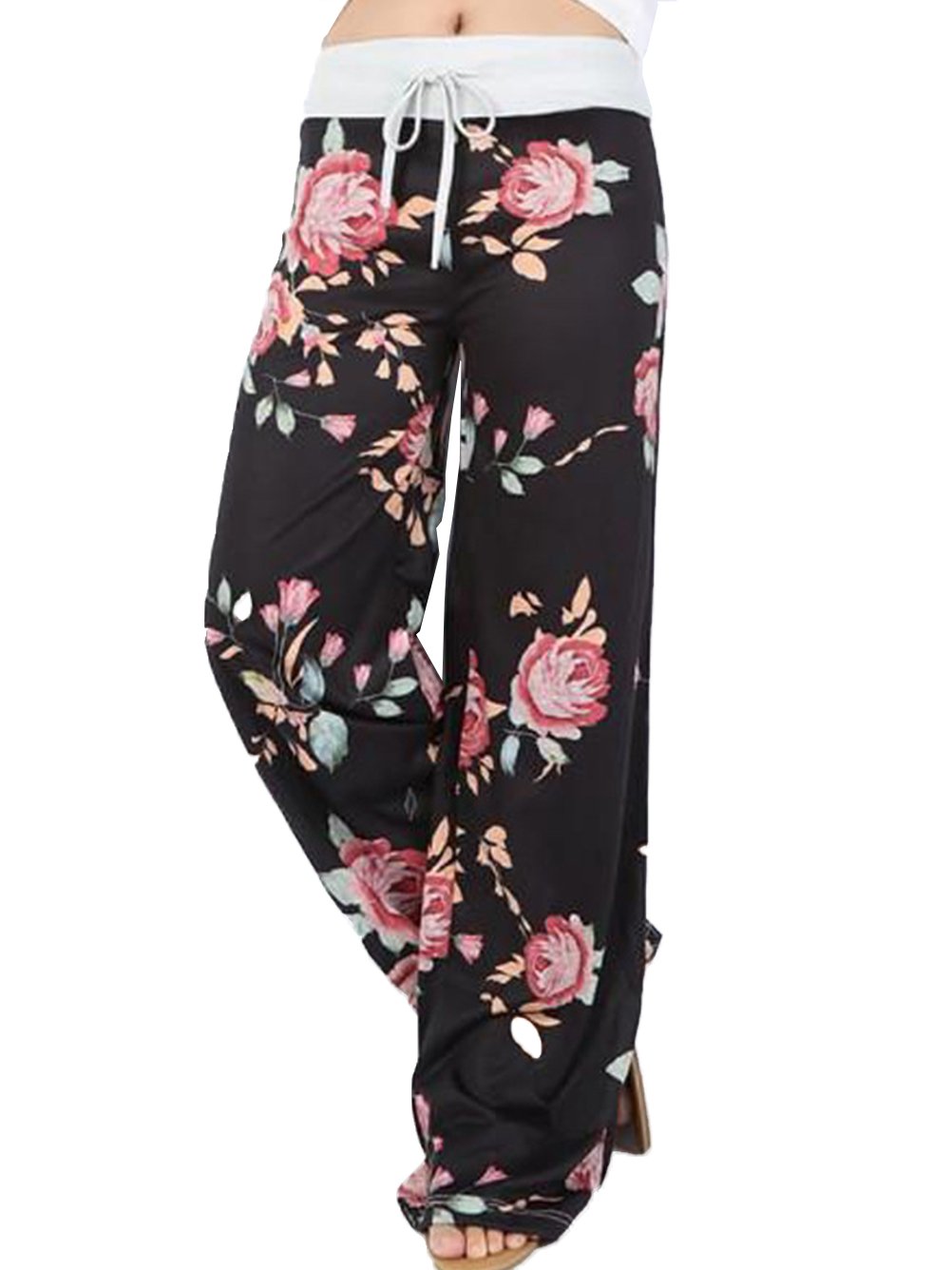 Famulily Women's Casual Floral Print Drawstring Wide Leg Pajama Lounge Pants(2XL,Black)