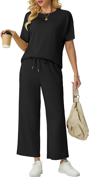 GRECERELLE Tenue deux pièces aéroport pour femme ensemble complet d'été à manches courtes décontracté col rond manches courtes et pantalon de jogging avec poches - 2