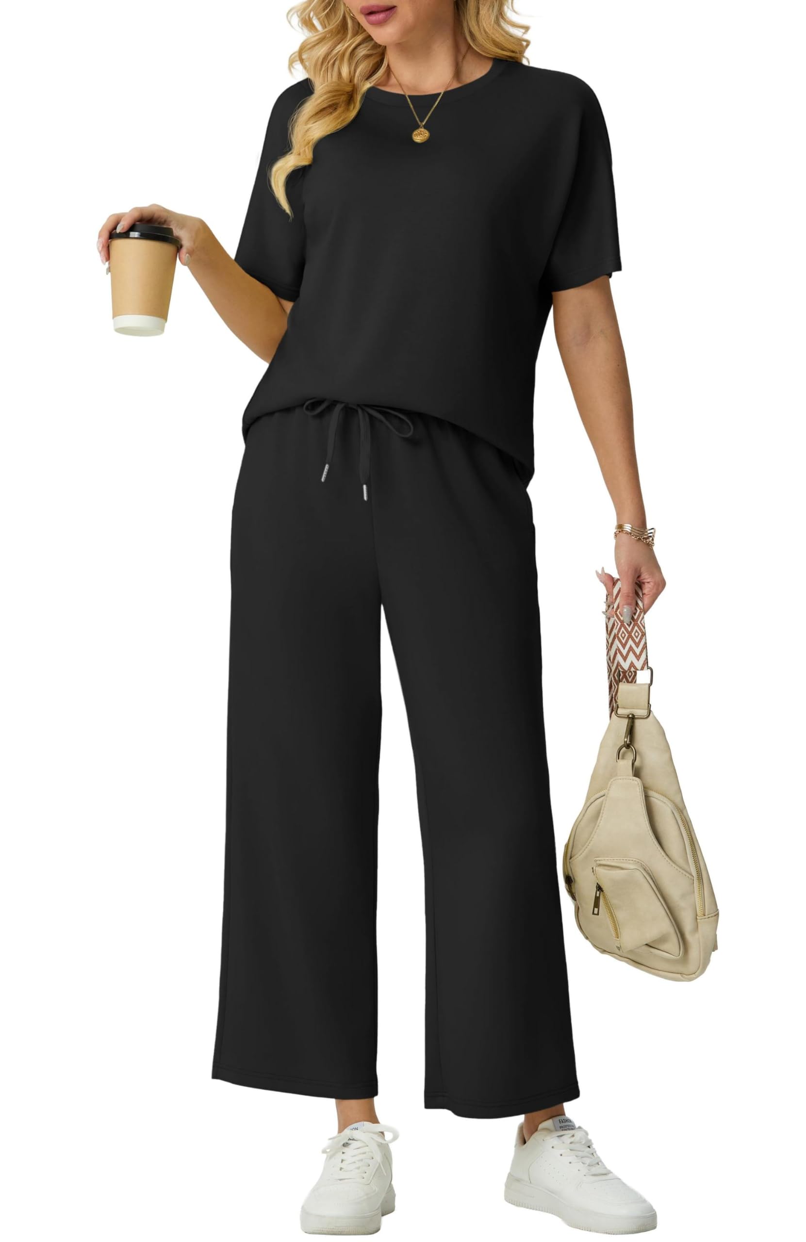 GRECERELLE Jogginganzug Zweiteiler Damen Sommer Trainingsanzug Outfits Tracksuit Kurzarm Lässige Rundhals Tshirts und weite Jogginghosen Trainingsanzüge mit Taschen - 3