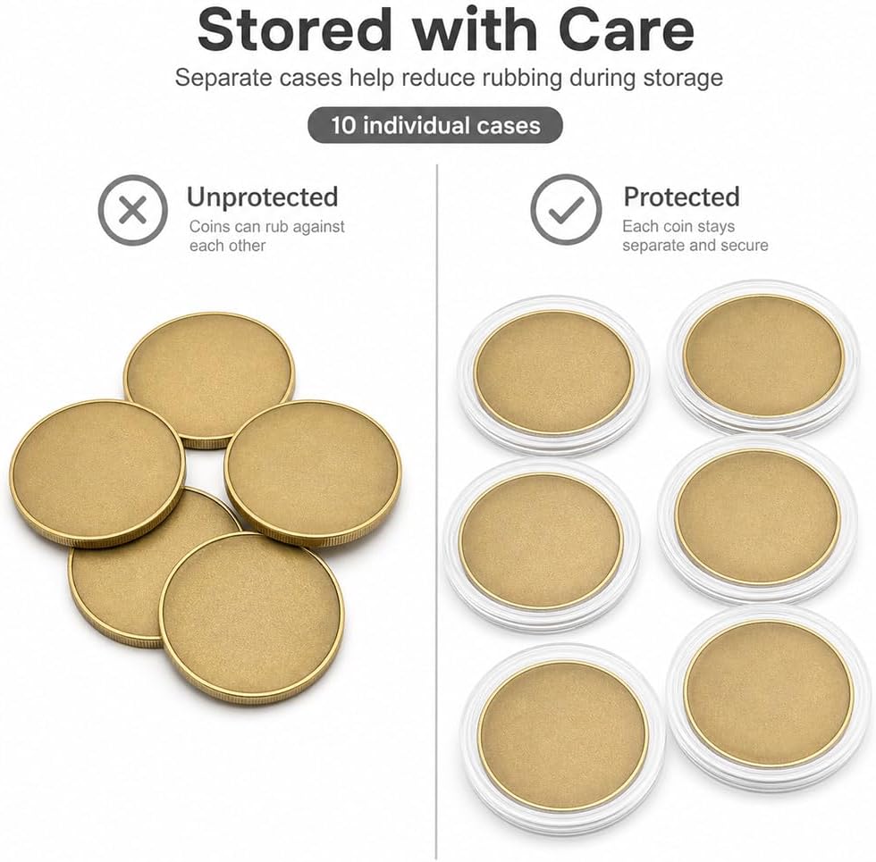 QWORK Blank Challenge Coins 10 Pack, 40 mm Solid Brass Coin Blanks 3 mm Thick with Acrylic Protection Boxes for Engraving Stamping Etching DIY Crafts Custom Tokens