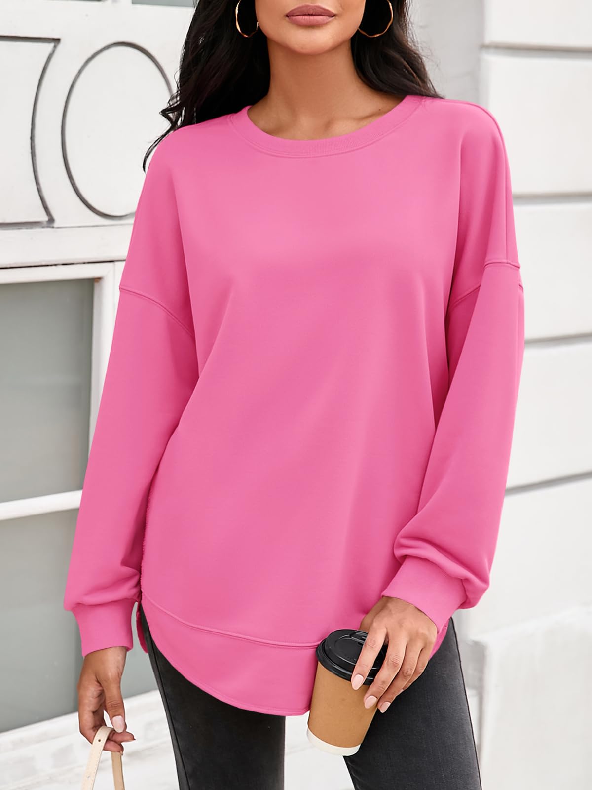 Fisoew Pull à col rond et manches longues pour femme - Fente latérale - Manches longues - Élégant basique - Tunique ample - Haut décontracté