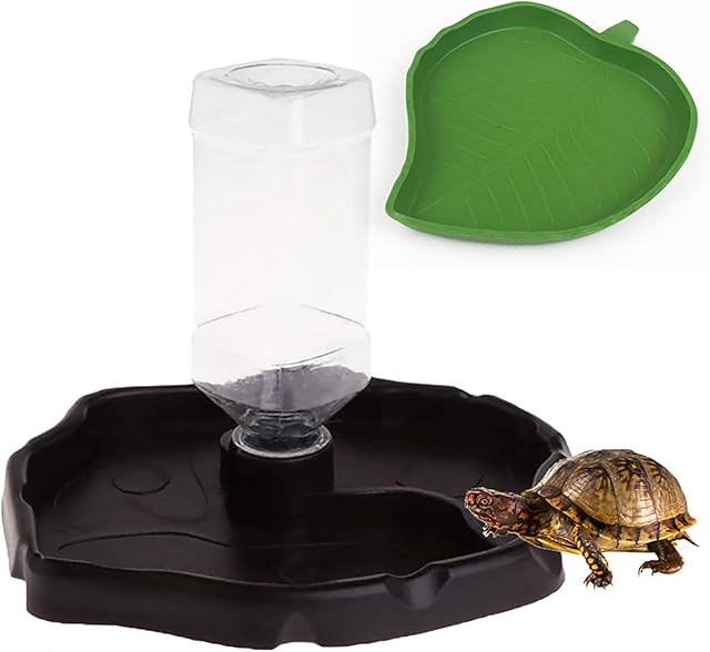 PINVNBY Reptile Food Water Bowl  2 in 1 Feeding Dish Automatic Dispenser Turtle Feeders Waterer With Leaf Plate Dish for Lizards Tortoises Gecko Chameleon 2 PCS (black)
