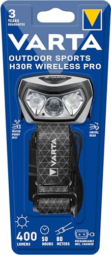Foto von VARTA Stirnlampe LED, wiederaufladbare Kopflampe, Outdoor Sports H30R Wireless Pro, kabelloses Laden, wasserdicht, schwenkbarer Kopf, Dimmfunktion, ideal für Camping, Joggen, Wandern
