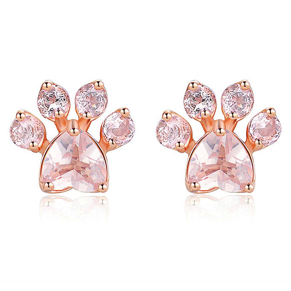 CULOVITY Dainty Paw Stud Earrings Rings Necklace Set - 18K Rose Gold Fill Cubic Zirconia Earring Adjustable Ring Hypoallergenic Jewelry for Puppy Lovers