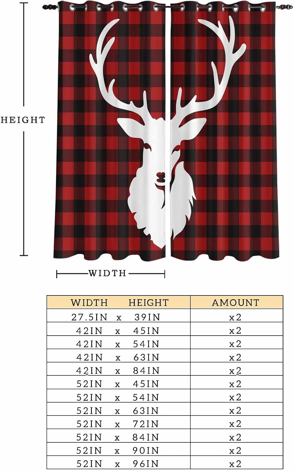 Reindeer Painted on Red Black Buffalo Plaid Kitchen Curtains Window Drapes Treatment Grommet 2 Panel Curtains for Kitchen/Cafe, Sliding Glass Door Curtains Set 55W x 39L inch