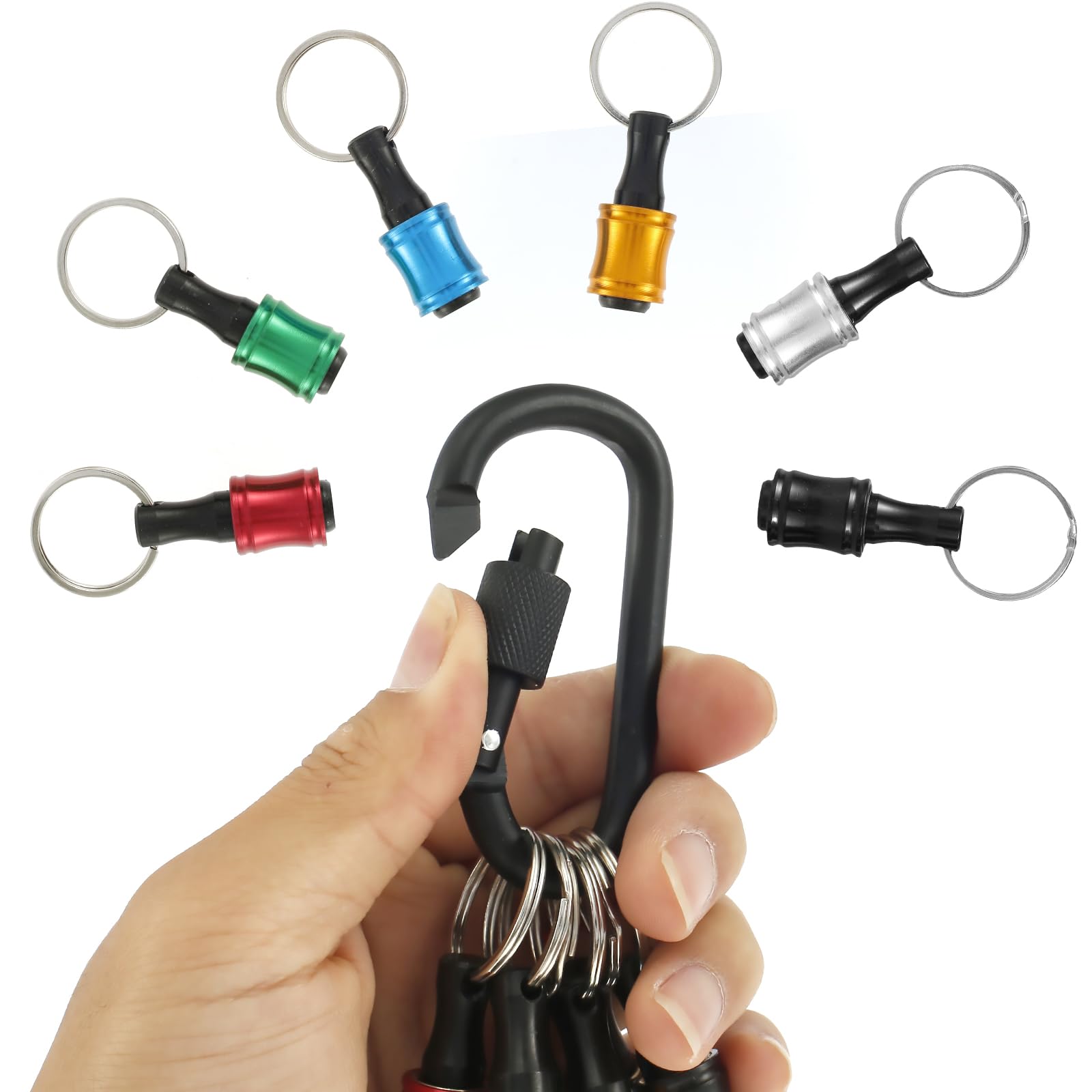 GUANSHANG 6Pcs 1/4 Inch Hex Shank Screwdriver Bit Holder Aluminum Alloy Bit Holder Keychain with Universal 105° Right Angle Drill Attachment and 1/4inch 3/8inch 1/2inch Drill Socket Adapter LW