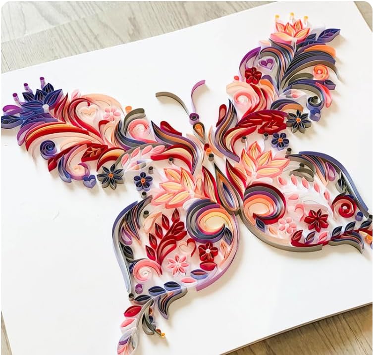 Handmade Paper Quilling Art Kit, 20 Inch Butterfly Wall Decor Set, Pink and Purple Floral Design, DIY Craft Material Pack with Decorative Strips