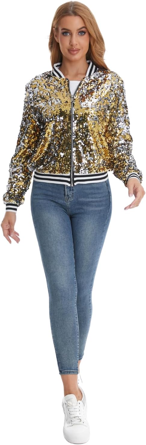 Glitter Jacket for Women Sequin Bomber Jacket Sparkly Sweatshirt Festival Party