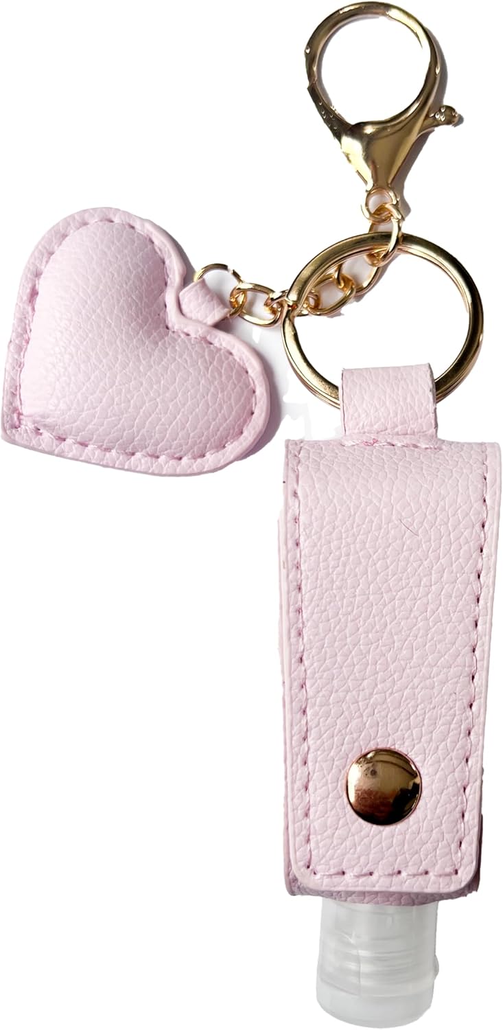 Keychain Travle Size Empty squeeze Bottle Holder for 1oz of Shampoo, Lotion, Soap or Hand Sanitizer in vegan leather. (Heart, Pink), Small