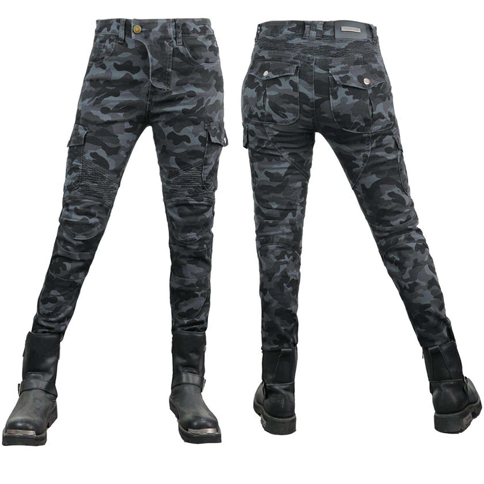 Donna Pantaloni da Moto,Motorcycle Jeans Biker Motociclista Stretch Mimetico Ciclismo Pantalone Multitasche con 2 Protezioni Ginocchia E 2 Protettori Anca
