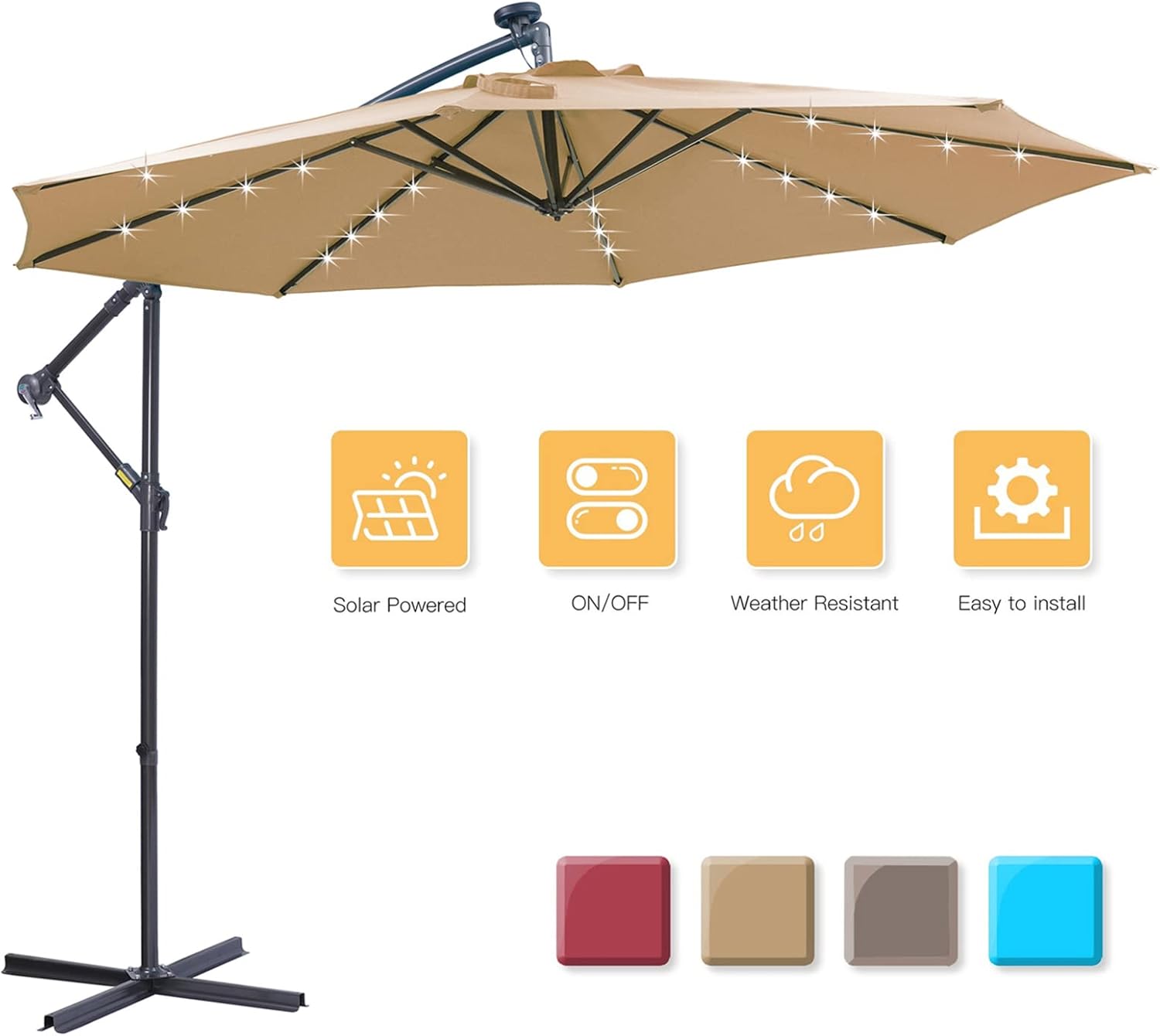 10 FT Umbrella Outdoor Patio, Solar LED Patio Umbrellas Cantilever Umbrella with Base Included, Easy Open Adustment with 32 LED Lights