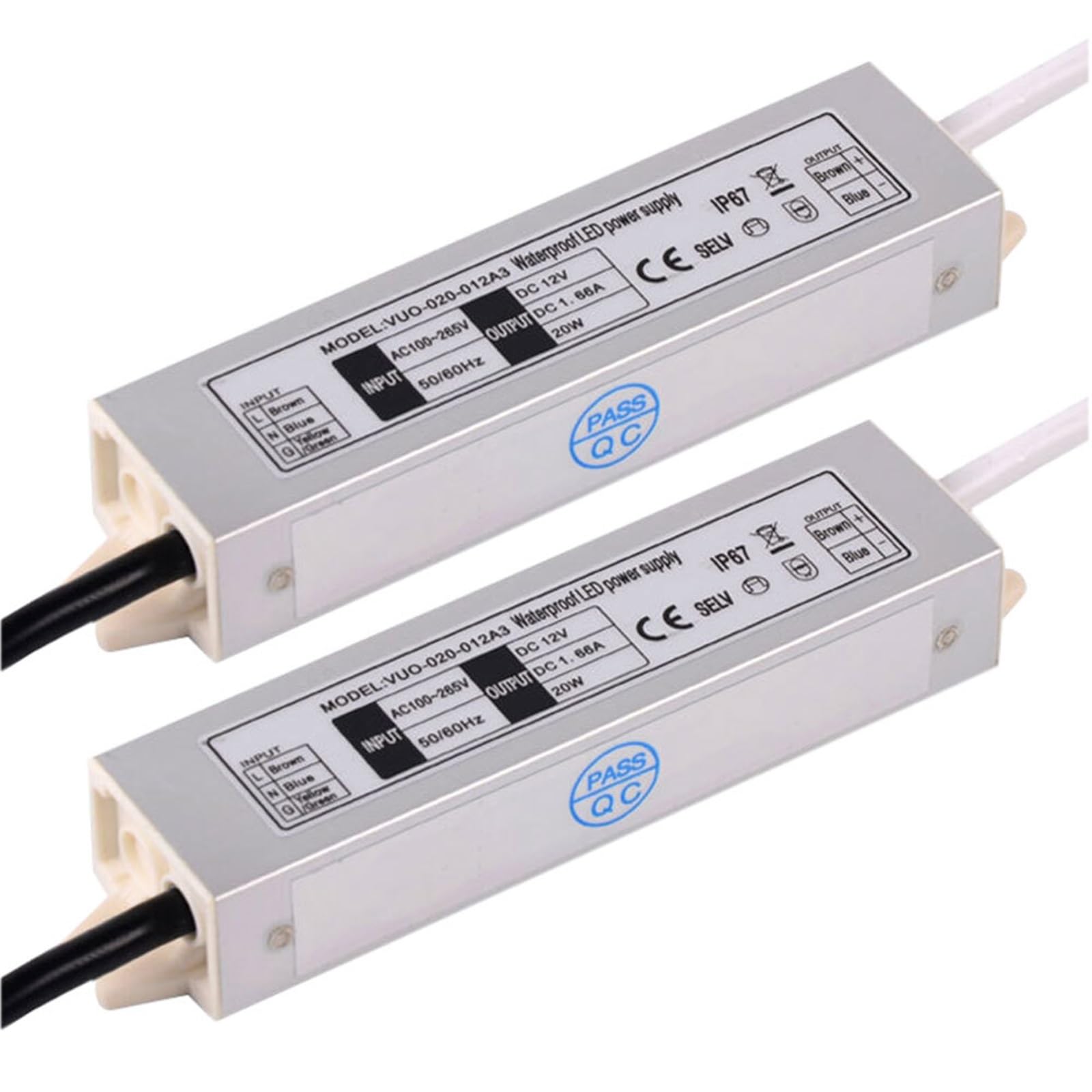 FCARUMIQP 2-Piece Waterproof IP67 12V 1.67A 20W LED Driver Constant Voltage Power Supply Converter
