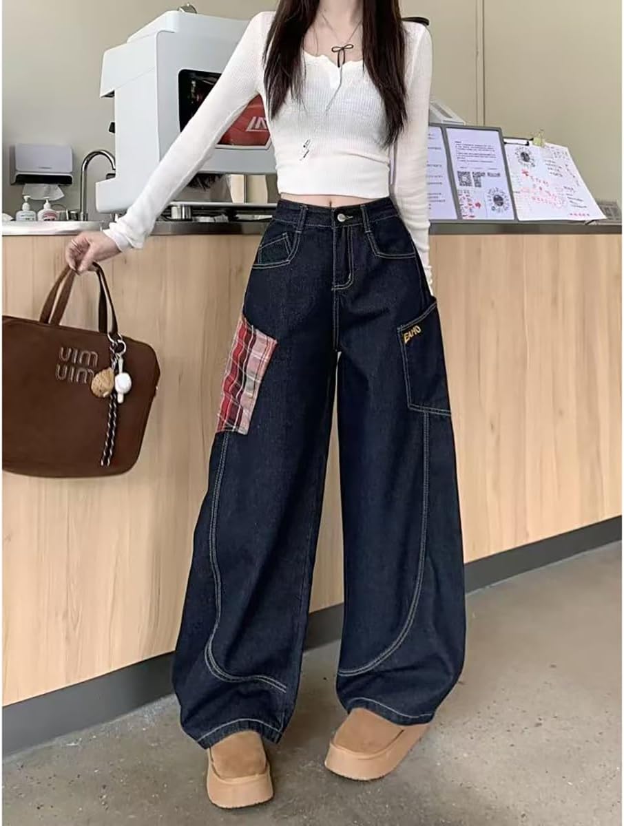 American Women's Street Retro Checkered Patchwork Jeans, Spicy Girl Street Loose Gothic Hip-hop Flared Pants