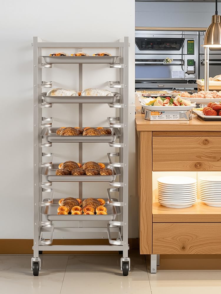ohfruit Mobiles Aluminiumblech-Pfannenregal mit 10/20 Ebenen, robustes Backblech, Aufbewahrungswagen mit abschließbaren Rollen für Bäckerei-Kühlung oder Küchenorganisation, 10 Stück