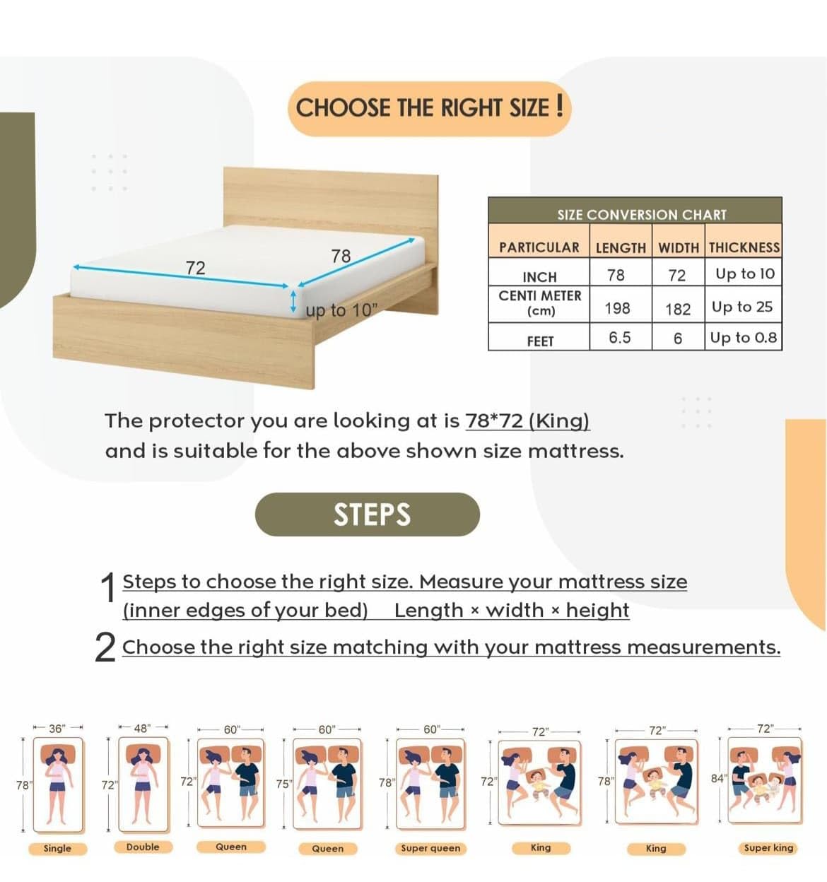 100% Waterproof Premium Cotton Feel Mattress Protector King Size 78×72 Inch|Ultra Soft Breathable & Fitted Bed Protector Terry Cover Double Bed (Grey, 78”X84”)