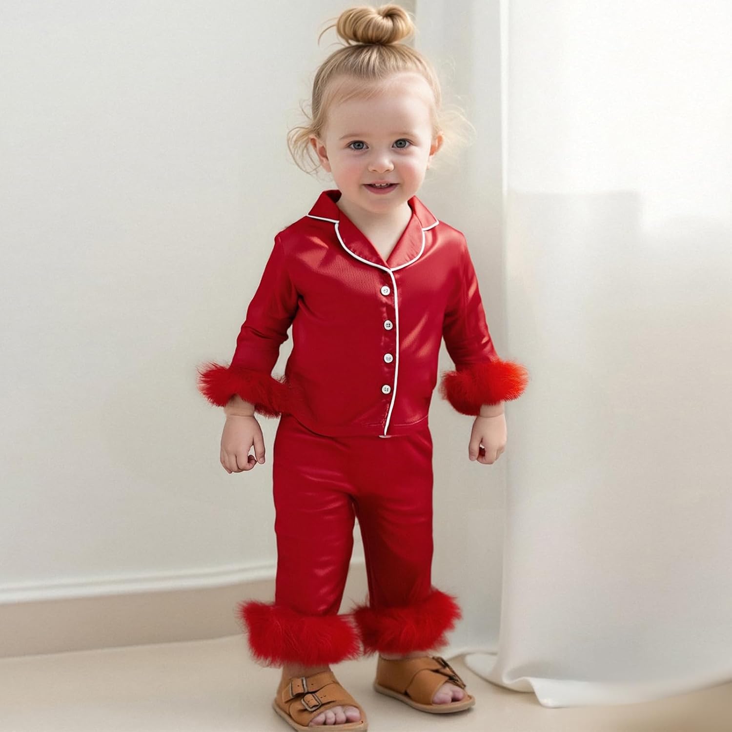 Toddler Girl Silk Pajamas Baby Lapel Button Down Ruffle Satin Silk Pjs Sleepwear Loungwear Clothes Set - Image 3