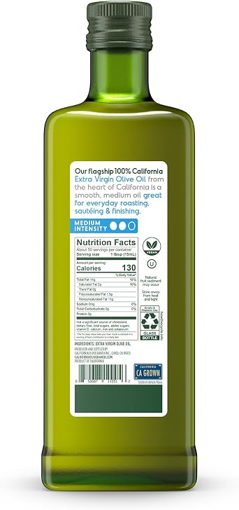 California Olive Ranch 100% Extra Virgin Olive Oil - Certified Cooking & Baking EVOO - California Grown Cold Pressed Oil - Whole30, Keto, Vegan, Kosher Extra Virgin Olive Oil, 750mL