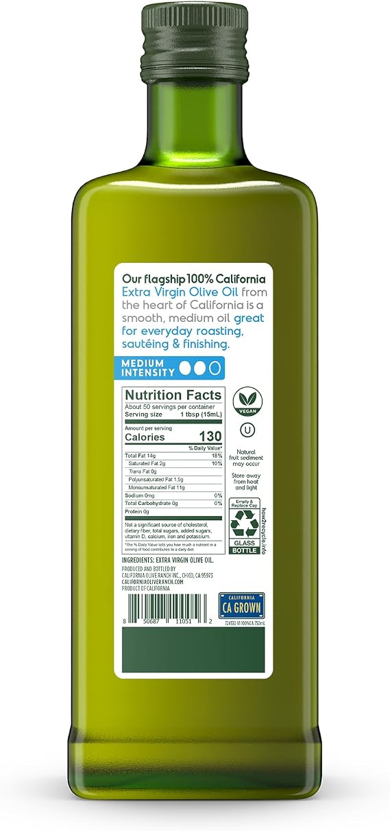 California Olive Ranch 100% Extra Virgin Olive Oil - Certified Cooking & Baking EVOO - California Grown Cold Pressed Oil - Whole30, Keto, Vegan, Kosher Extra Virgin Olive Oil, 750mL