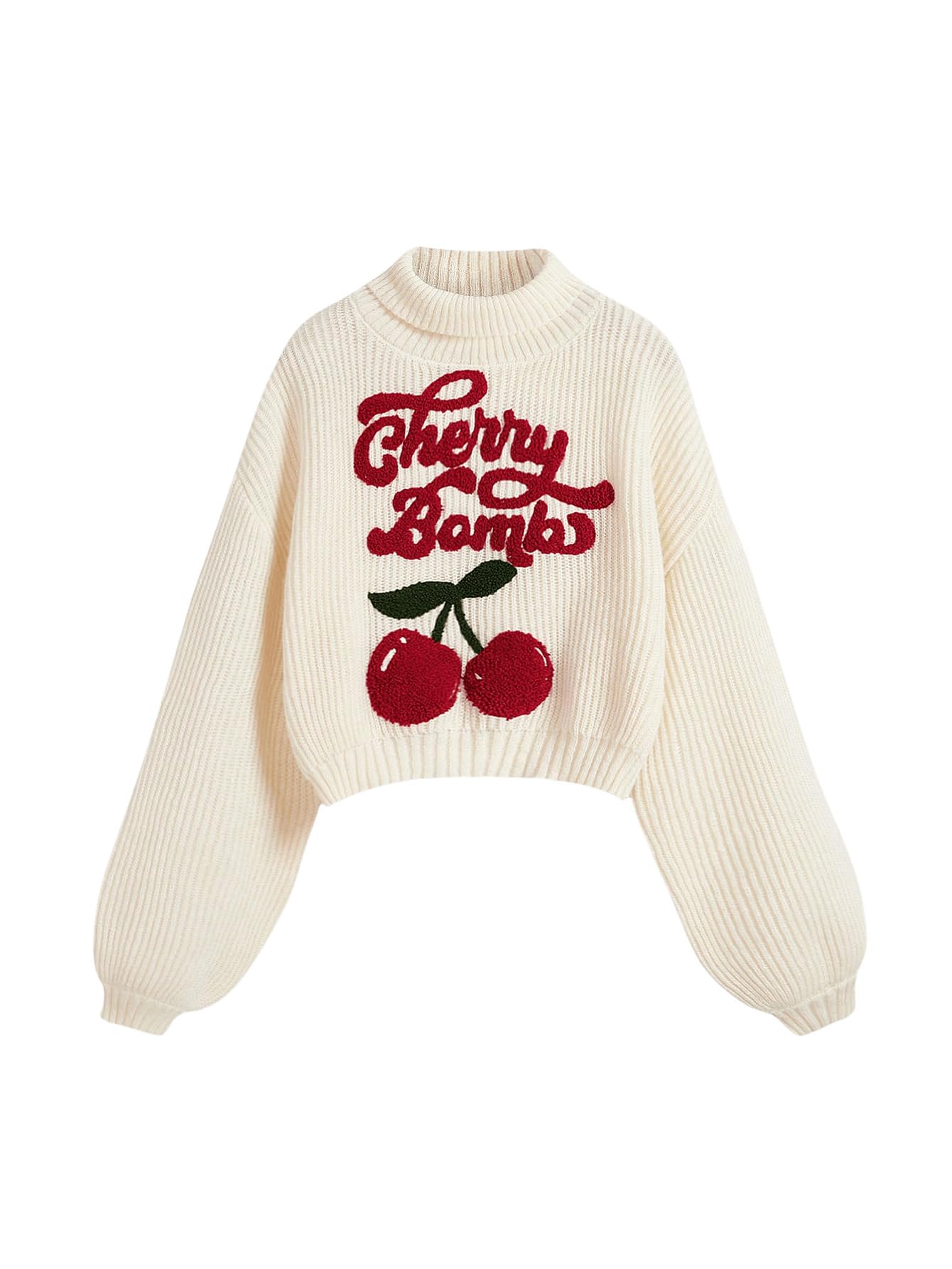 Womens Cherry Embroidered Turtleneck Sweaters Long Sleeve Knit Pullover Tops Knitwear