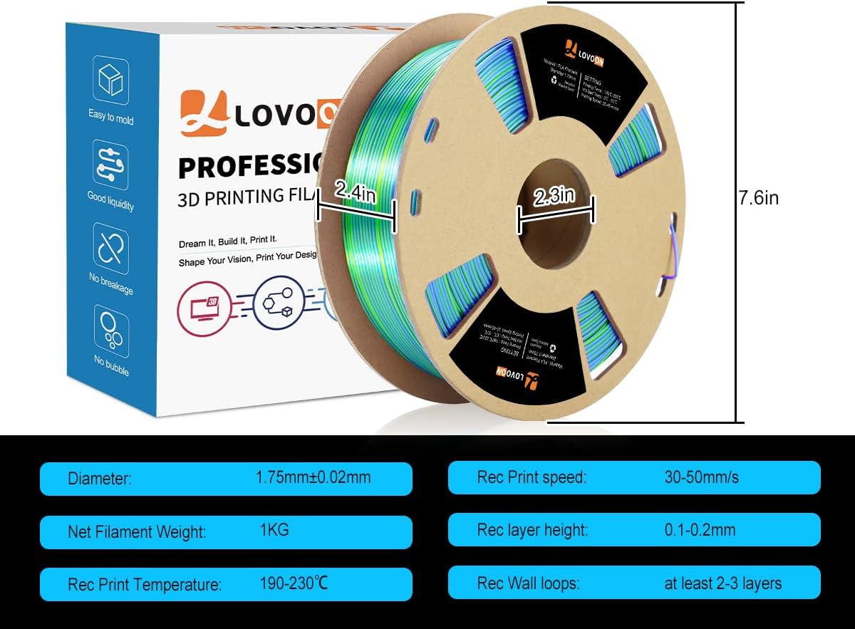LOVOON 3D Printer Filament, Tricolor PLA Filament 1.75mm Silk Rainbow Filament Green-Red-Blue, 3D Printing Accessories PLA Filament Multicolor, Dimensional Accuracy +/-0.02mm, 2.2lbs/Spool - Image 6