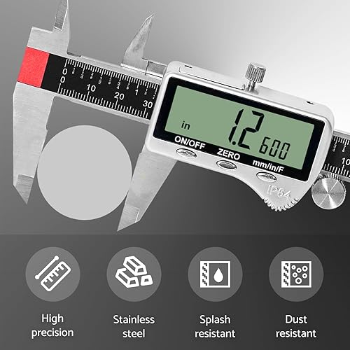 Miniatura 2 de Herramienta de medición de pinza digital de 6 pulgadas con pantalla LCD extra grande DCXD6-SS-54, micrómetro digital de pinza Vernier IP54, mide