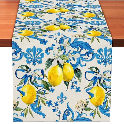 Blue Lemon Table Runner 13 x 72 Inch – Mediterranean Summer Table Decor for Kitchen Dining, Rustic Farmhouse Table Linen for Spring Party, Italian Style Fruit Table Cloth for Home and Outdoor