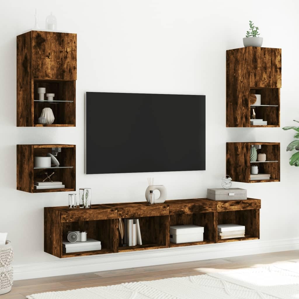 Muebles TV Muebles de Salon Armario cocinaMuebles TV de Pared Luces LED 2 uds Roble Ahumado 30x28,5x30 cm