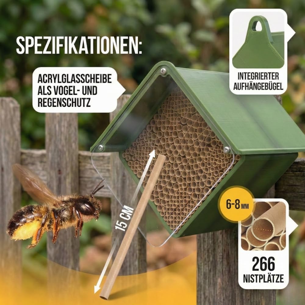 BEESI Insektenhotel für Wildbienen – Wetterfeste Nisthilfe mit 266 auswechselbaren Nisthülsen – Langlebiges Bienenhotel zum selbst Zusammenbauen
