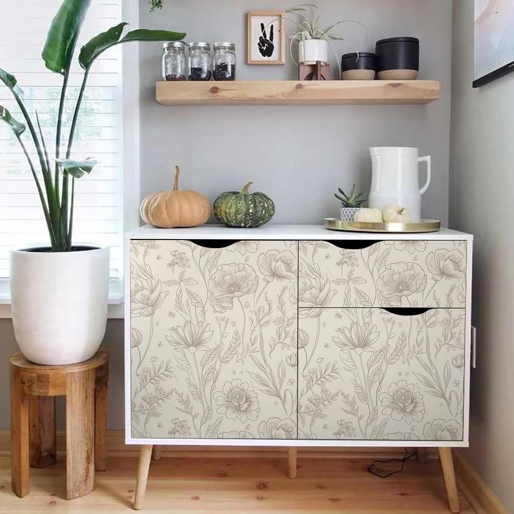 18"x236" Beige Warm Poppy Flower Modern Peel and Stick Self Adhesive Wallpaper Removable Contact Paper Stick on Easy Peel Off Wall Paper for Kitchen Bedroom Bathroom Renter