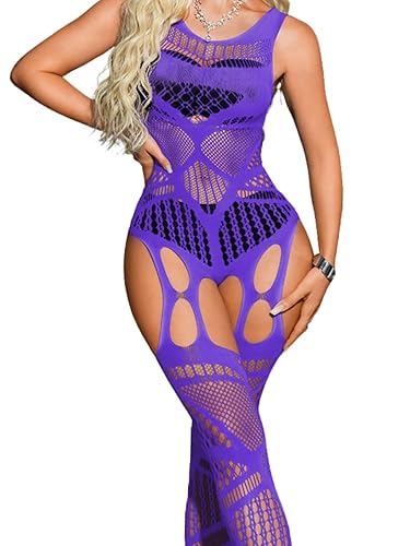 EHSUYAB Women Sexy Body Stockings, Fishnet Bodysuit Lingerie Outfits, Club Rave Lace Jumpsuit Exotic Dancer Halloween Costume - Purple