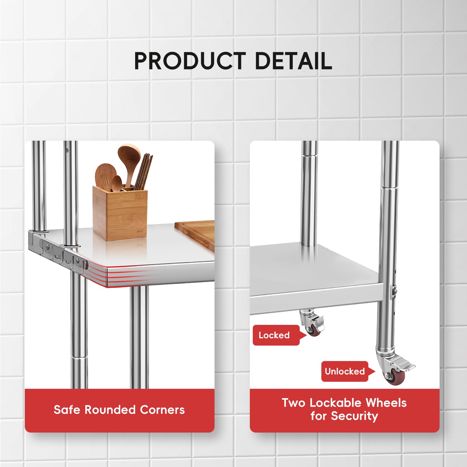 Mesa de trabajo de cocina profesional de acero inoxidable, mesa de preparación con 3 estantes ajustables, ganchos extraíbles, capacidad de carga 662 kg, encimera para cocina, restaurante, Atelie