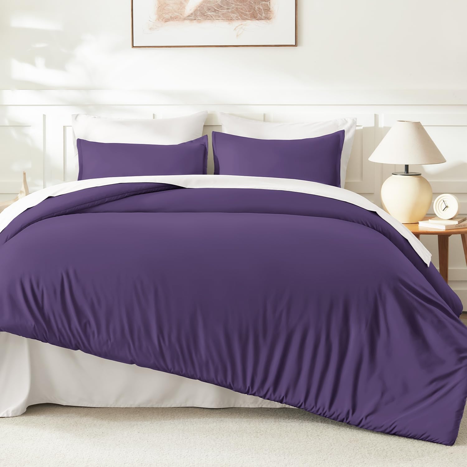 Litanika Dark Violet Purple Comforter Set Full Size, 3 Pieces Lightweight Solid Bedding Comforter Set, All Season Fluffy Bed Set (79x90In Comforter & 2 Pillowcases) thumbnail