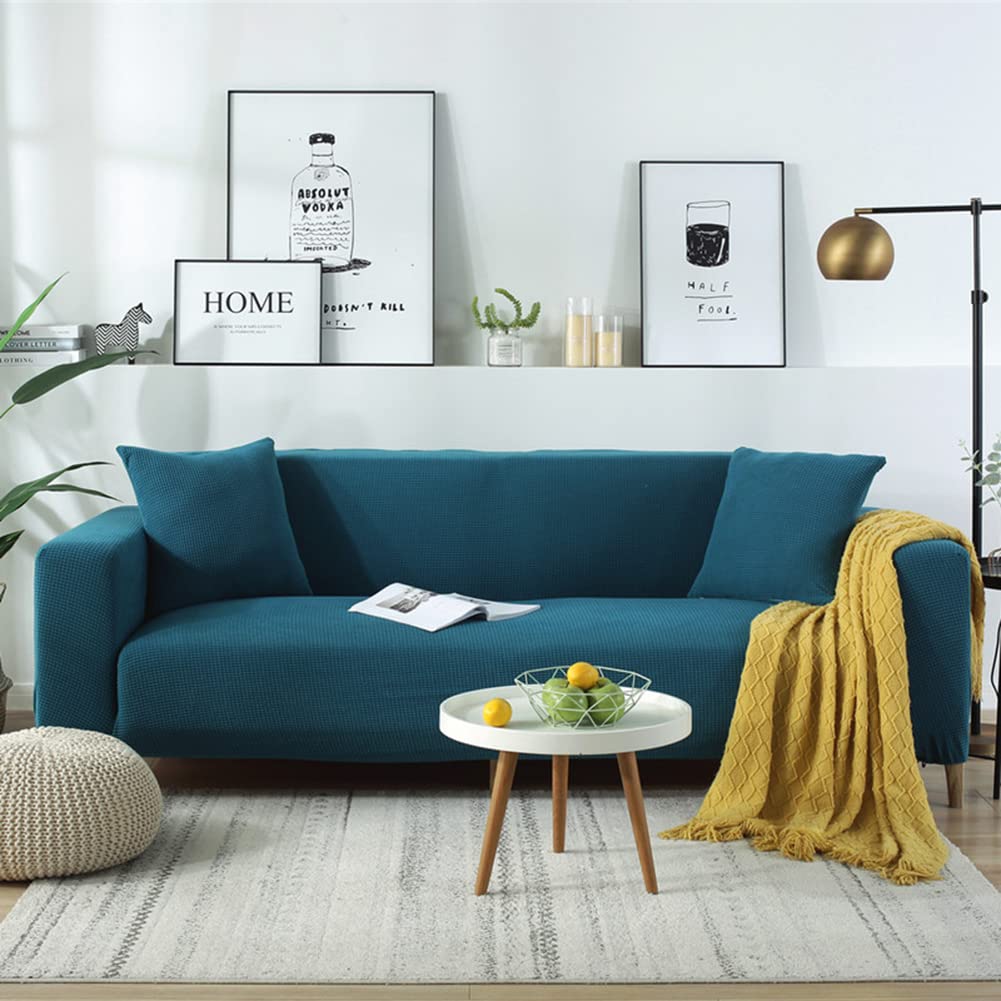Housse de canapé extensible bleue pour rénover un meuble usé taille XL