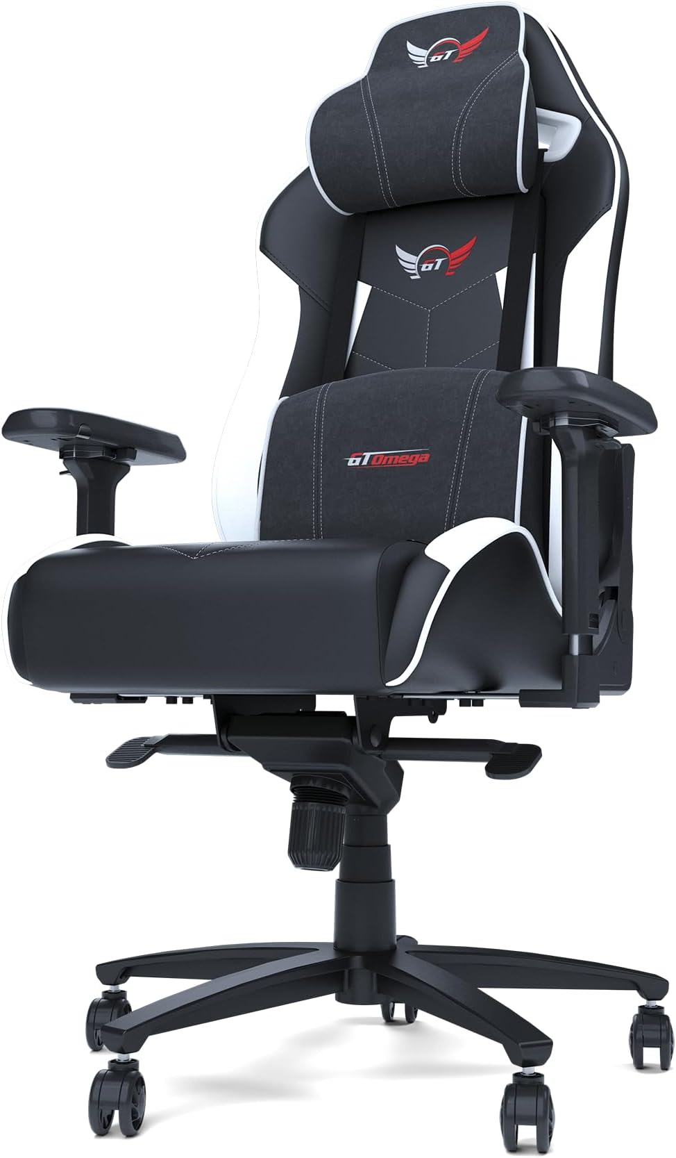 GT OMEGA Elite Racing Gaming Chair with Ergonomic Lumbar Support - Reclining High Back Home Office Desk Chair with Swivel, PVC Leather Esport Seat for Racing Console Experience - Black Next White