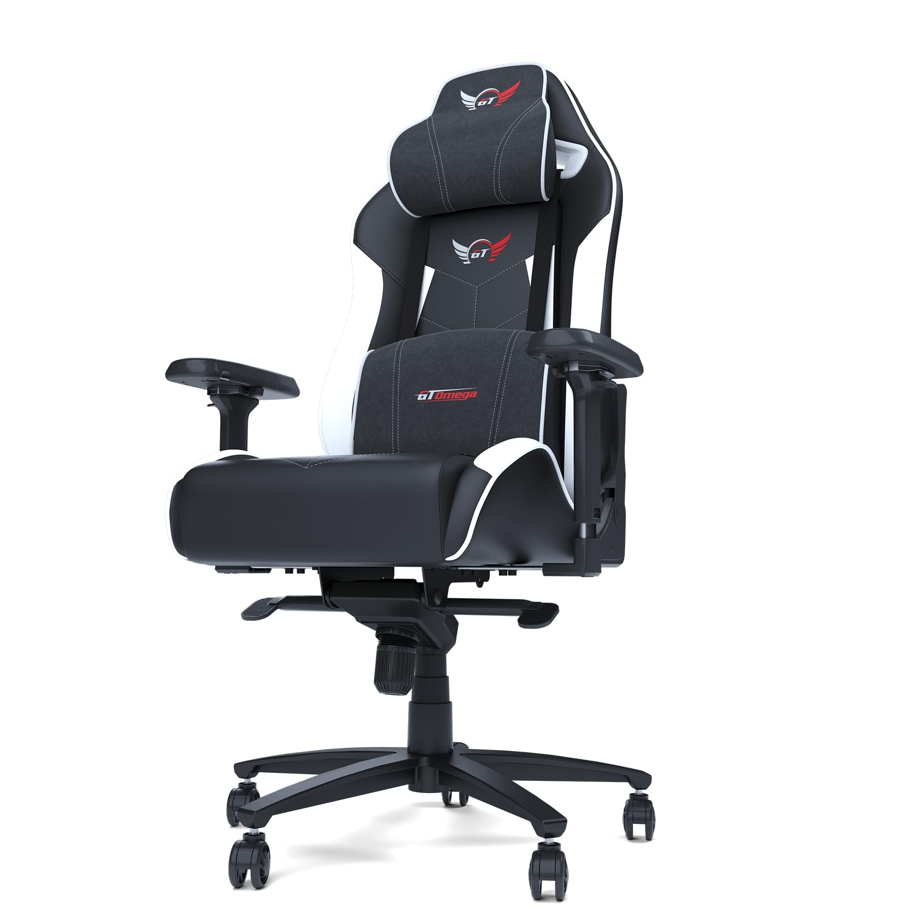 GT OMEGA Elite Racing Gaming Chair with Ergonomic Lumbar Support - Reclining High Back Home Office Desk Chair with Swivel, PVC Leather Esport Seat for Racing Console Experience - Black Next White
