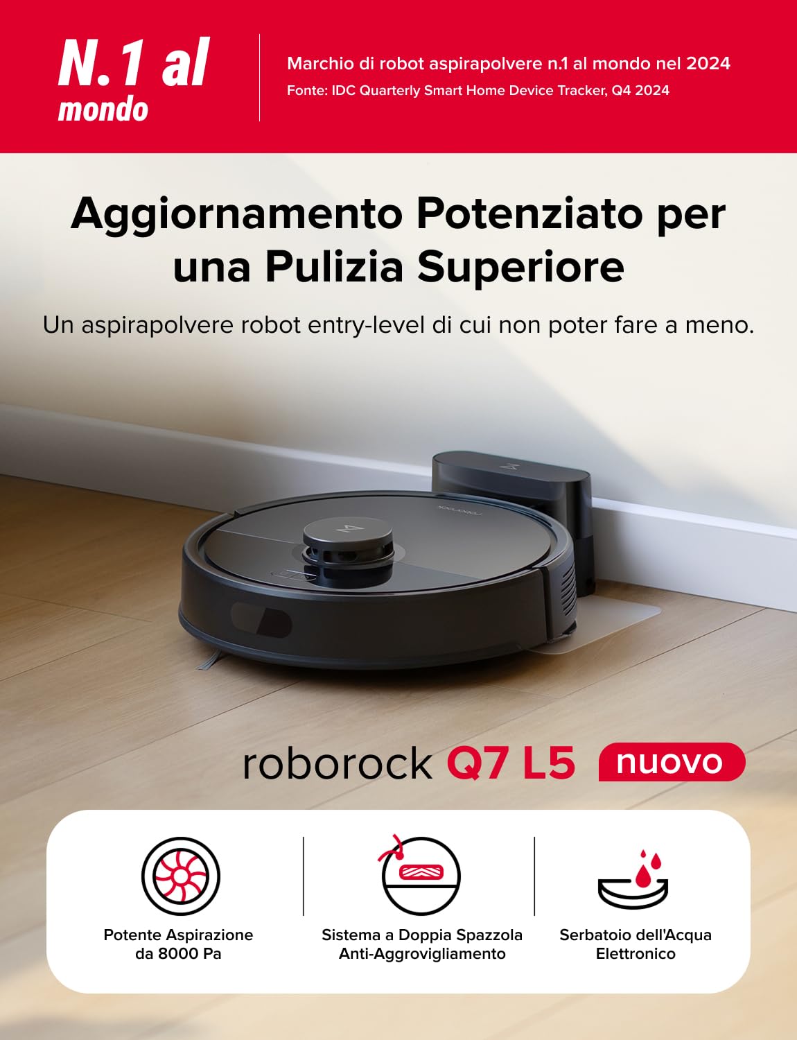 roborock Q7 L5 Robot Aspirapolvere Lavapavimenti con Mappatura, 8.000 Pa, Anti-groviglio, Quantità d'acqua Regolabile per il Lavaggio, Auto Boost sui Tappeti, Controllo APP, Nero