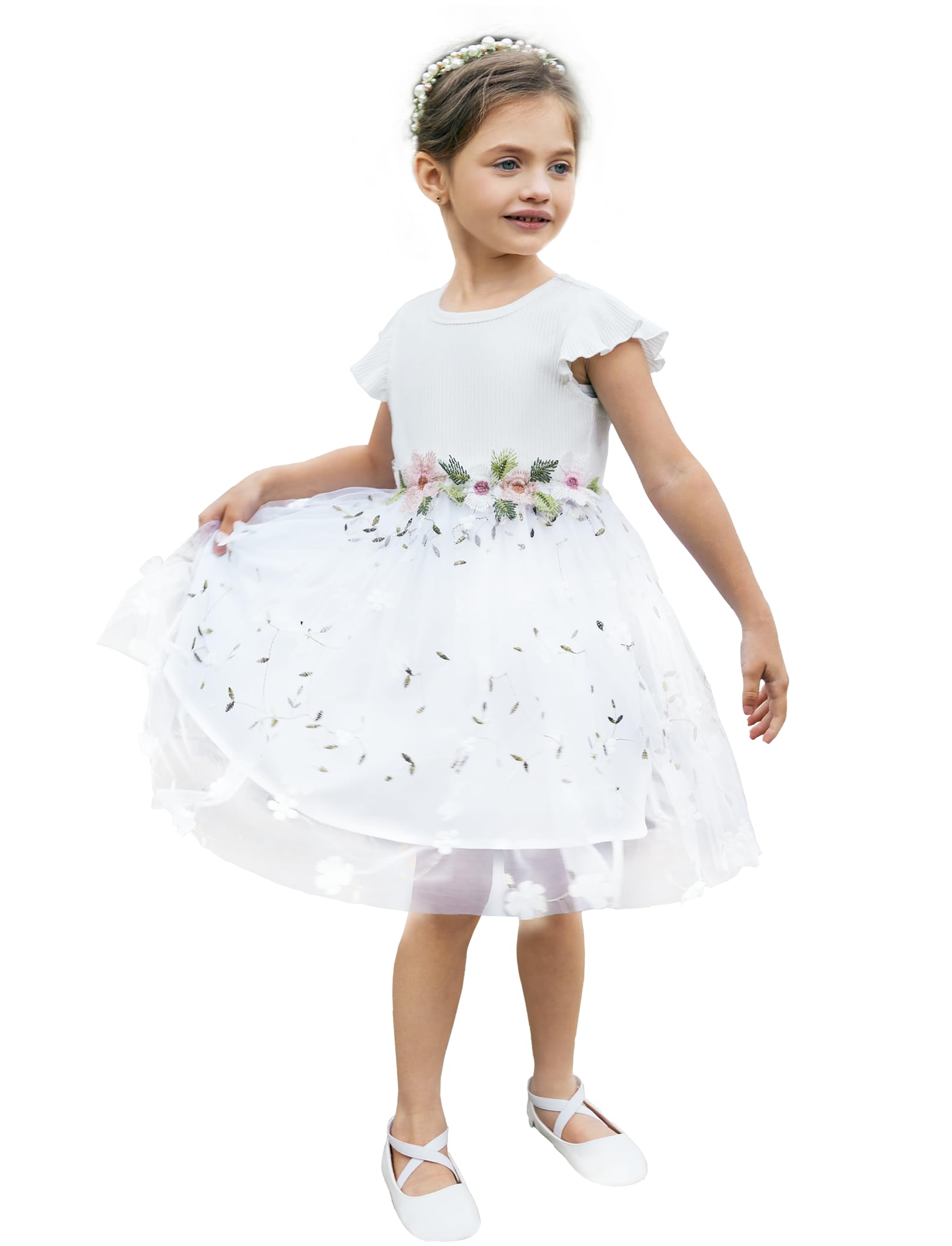 PATPAT Vestido de Fiesta para Niña Sin Mangas Vestidos de Princesa de Tul para Niña con Bordado de Flores, Vestido de Fiesta Vestido de Tutú para Boda, Cumpleaños, Desfile, Bautizo, Banquete, Festival