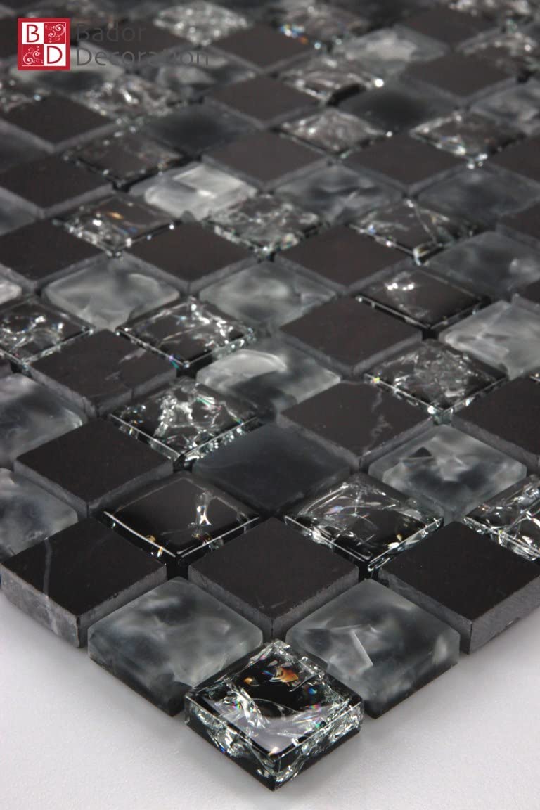 Plaque De Mosaïque En Verre Pierre - Translucide Gris Noir - Réf. 82-0208_b - Neuf Sous Emballage - 1 Plaque