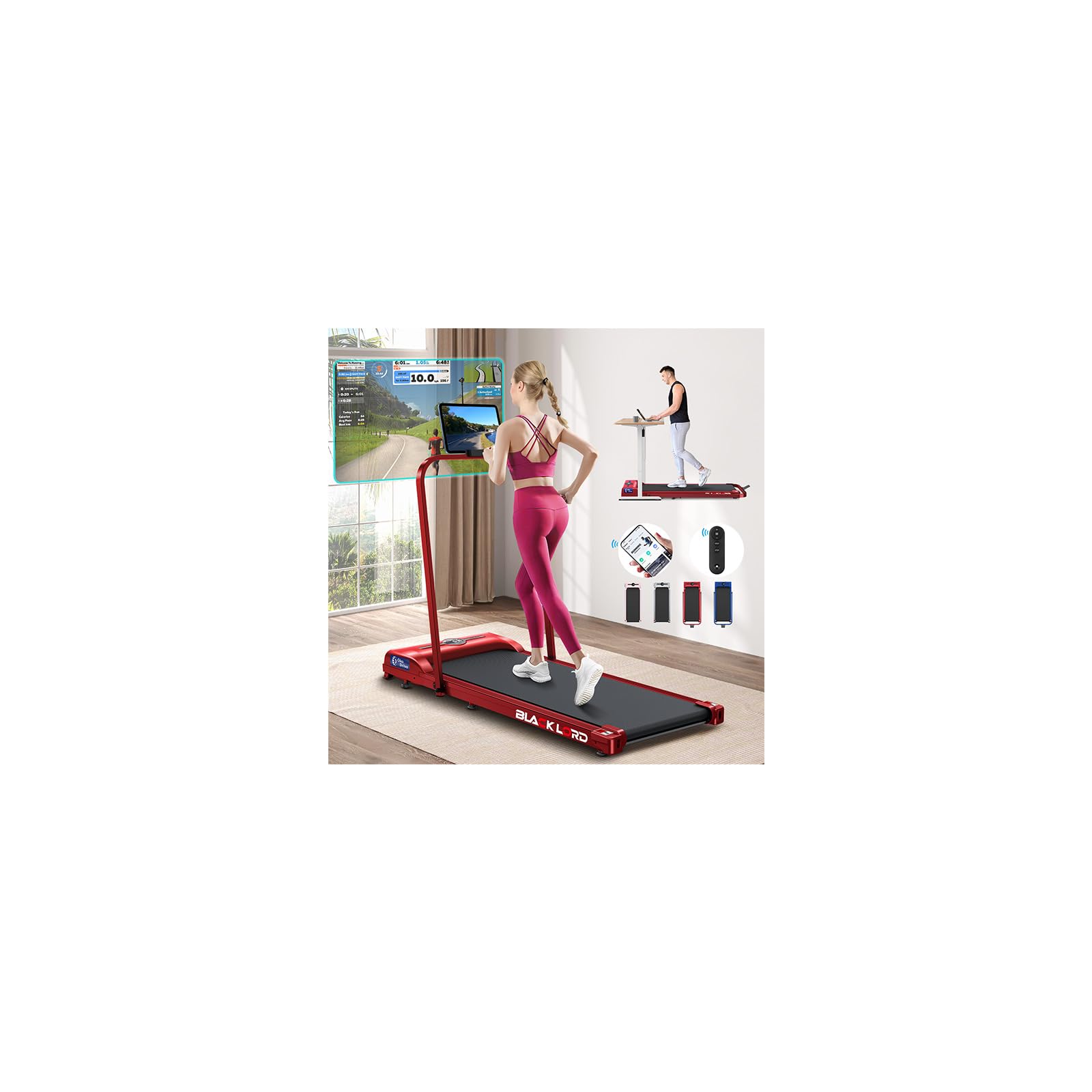 BLACK LORD Portable Walking Pad with Handle, 3-in1 Foldable Compact Under Desk Treadmills for Home, LED Display, Remote Control, Electric Running Machine, Max.12km/h for Walking Jogging Running, Red — image 1