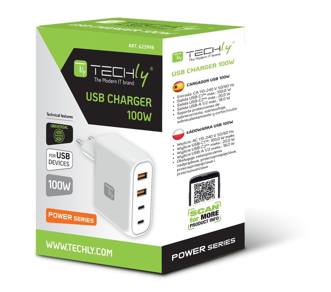 Techly 623998 Caricatore Alimentatore 2 Porte USB-C™ e 2 Porte USB-A da Muro 100W per Smartphone o Tablet Bianco