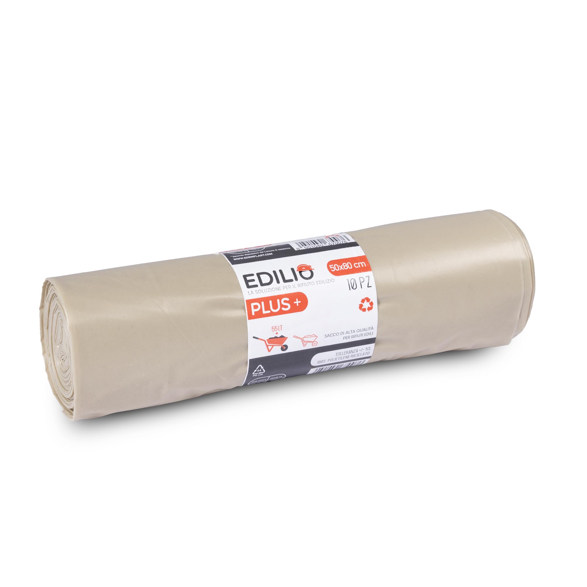 Sacchi spazzatura EDILIO+ 55LT - 50x80cm - Ambra - Sacco di alta qualità per rifiuti edili - Polietilene 100% Riciclato - 12 Rotoli da 10 sacchi