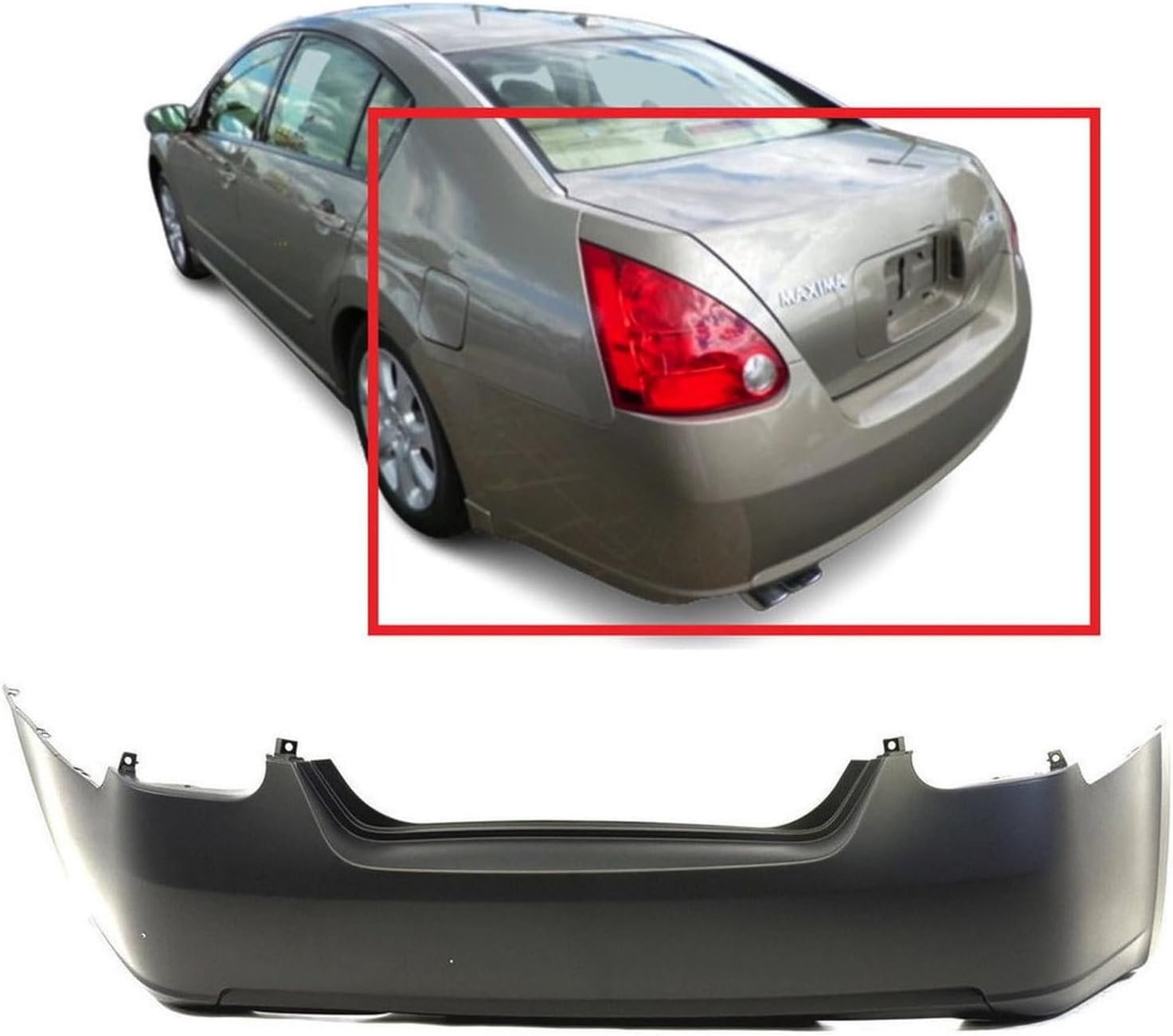 FitParts Compatible With Rear Bumper Cover 2007-2008 Nissan Maxima SE SL Touring Luxury Sedan 07 08. New, Primed. W/o Parking Aid Sensor Holes. W/o Tow Hook Hole. NI1100246