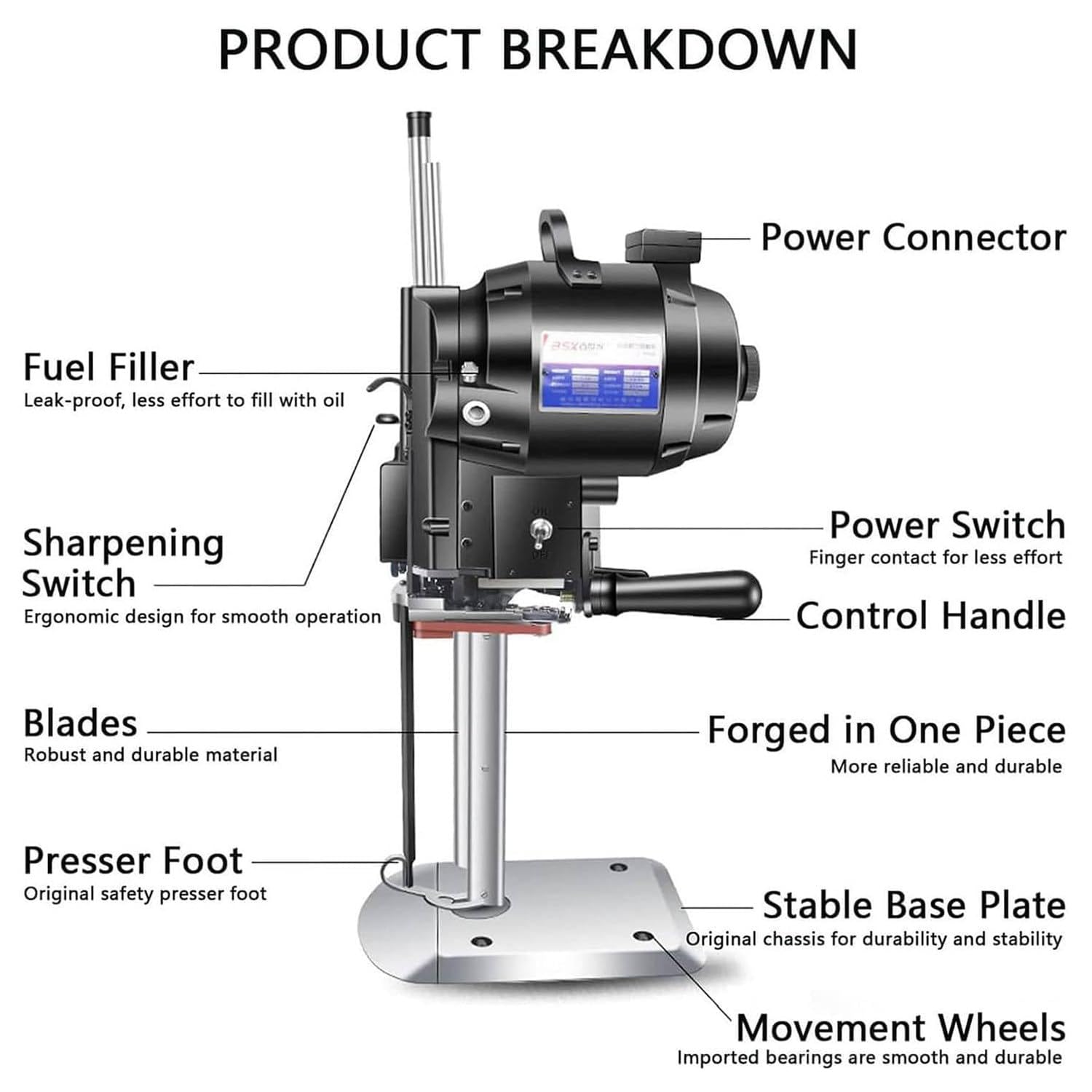 Cortadora de Tela Eléctrica Vertical con Cuchilla Recta - Máquina de Corte para Tela,Cuero y Papel,con Afilador Automático y Luz LED de Trabajo 12inches