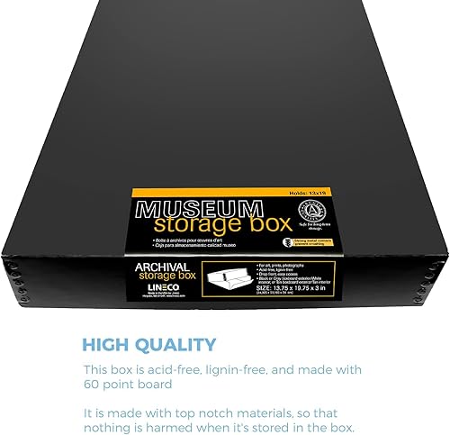 Miniatura 6 de Lineco Caja de almacenamiento negra de museo de 13 x 19 pulgadas, tapa extraíble y diseño frontal caído, archivo de 13.5 x 19.5 x 3 pulgadas con