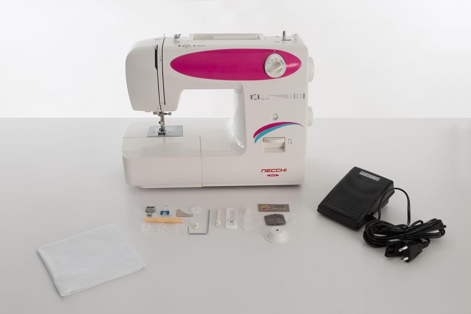 Necchi N82 sewing machine with all included accessories laid out